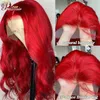 Onda do corpo vermelho frente do laço perucas de cabelo humano 13x6 99j peruca borgonha para mulher pré-arrancado remy 180%