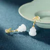 Dangle Earrings S925 STERLING SILVER GOURD STUD NATURAL HETIAN JADE LEAF女性気質飾り