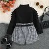 Spring Autumn Children Kids Girls Clothing Sets Long Sleeve Knitted Tops Plaid Shorts With Belt Toddler Costumes 231228