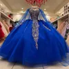 Синее бальное платье Quinceanera платья с накидкой-накидкой со шлейфом и аппликацией из кружева и тюля с цветочным корсетом Свадебные платья de xv 15 anos