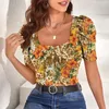 Camiseta feminina manga bufante, camiseta curta slim com gola em u, estampa 3d, estampa de leopardo, verão, roupas de rua quadradas