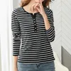 Women's T Shirts V-Neck Cotton Shirt For Women Long Sleeve Top Striped Tshirt Korean Fashion Button Spring Autumn Woman Clothes Tee Femme