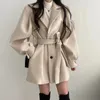Zoki Fashion Korean Women Faux Woolen Coatsエレガントベルトレディースジャケットフォールカジュアルハイウエストチュニックメスブレンドアウトウェア231228