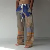 Men's Pants 2024 Spring And Summer Fashion Printing Loose Long Casual Drawstring Elastic Waist Straight Wide Leg Trousers