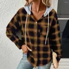 Women's Hoodies Plaid Print Hoodie Coat Stylish Trendy Autumn Winter Jacket With Drawstring Hood Patch Pocket Single