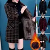 Damenjacken, Damenoberbekleidung, karierter Druck, Reversmantel für warme, mittellange Jacke mit Taschen, Übergröße für den Winter