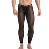 Herr termiska underkläder män mesh långa byxor sexiga transparent man andas herr underkläder leggings sover hemkläder se genom pyjama