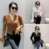 Women's Blouses Fashion Women Blouse V-neck Slim Fit Crochet Top Retro Bubble Long Sleeve Lace Shirt