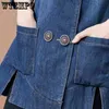 Wtempo kadınlar; s çift göğüslü düğmeli uzun kollu outcoat çentikli yaka denim ceket bayanlar blazer çanta midi Outerwear 231229