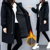 Women's Trench Coats Women Solid Velvet Thicken Windbreaker Autumn Winter Hooded Drawstring Pocket Zipper Long Outwear Elegant Lady Coat