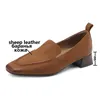 Dress Shoes Fashion Women Spring Summer Loafers Leather Designer Block Heels Ladies Low Square Toes Luxury Flats Blue Brown