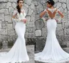 White Mermaid Long Sleeves Wedding Dresses Sheer O-neck Back Buttons Bridal Gowns Boho Garden Elegant Satin Robes de Mariee Sweep Train Modern Bride Vestidos CL3128