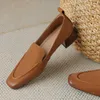 Dress Shoes Fashion Women Spring Summer Loafers Leather Designer Block Heels Ladies Low Square Toes Luxury Flats Blue Brown