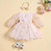 Robes de fille Pudcoco enfants filles automne décontracté robe trapèze à manches longues col rond fleur broderie tulle princesse avec bandeau 6M-5T