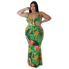 Grande taille impression plage femmes deux pièces ensemble Sexy motif coloré licou sans manches culture hauts sirène fête jupe 231228