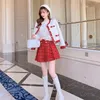 Work Dresses 2023 Ladies Christmas Suit Two Piece Set Thick Girlish Winter Red Tweed Lattice Chic Jacket And A-line Pleated Skirt