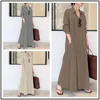 Ethnic Clothing Abaya Femme Cotton Linen Solid Color Lapel Long Sleeve Pocket Abayas For Women Simple Loose Casual Shirt 'S Dress