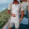 Herrspårar Summer Suit Trend 3D Print Vintage Check Polo Shirt Shorts Two Piece Set Soft Fashion Casual Men Clothing Tracksuit