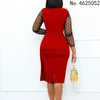 Roupas étnicas Mulheres Bodycon Vestido Ver através de Manga Polka Dot Malha Patchwork Bainha Plissada Transparente Slim Elegante Senhora de Escritório Africano