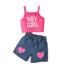 Alla hjärtans dag Little Girls Clothes Set Toddler Kids Letter Printed Tank Top Love Heart Pattern Bows Denim Shorts 2pcs 2024 Summer Children Outfits Z6387