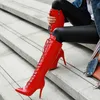 Stivali allacciati stivali donne inverno 2021 tacchi alti sottili ginocchiera stivali alti puntati morbidi scarpe bianche rosso lungo fetish lady di grandi dimensioni