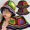 Berets Japanese Vintage Hand-woven Garden Color Grandmother Check Knitted Fisherman Hat Women's Face Small Pot Visor