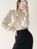 Damenblusen, lockerer koreanischer Stil, elegante Hemden, langärmelig, einfarbig, Satin, Bürobluse, weibliche Kleidung, Krawatte, Schleife, Tops, modische Blusas