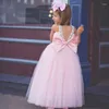 Vestidos da menina vestido de flor rosa uma linha princesa vestido de festa de casamento sem costas frisado camadas tule meninas pageant aniversário
