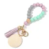 Party Favor Monogrammed Engrave Wooden Chip Keychain Sile Beaded Bangle Keyring Wood Beads Bracelet Key Ring Women Jewelry Crafts Gi Dhac7