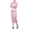 Ethnic Clothing Elegant Printed Dress Women Cheongsam Faux Satin Long Chinese Style Stand Collar Short Sleeve Qipao Flower