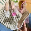 Chinelos moda contraste transparente cristal laço sandálias para mulheres 2023 outono casual rosa bonito salto alto férias
