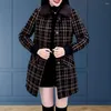 Damenjacken, Damenoberbekleidung, karierter Druck, Reversmantel für warme, mittellange Jacke mit Taschen, Übergröße für den Winter