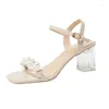 Sandaler 32-39 Silver High Heels Kvinnor Summer Small Size 32 33 Pärlor Ankle Strap Transparent Crystal Chunky Heel Shoes