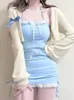 Werkjurken Gebreid Kawaii Lolita Tweedelige Set Vrouwen Boog Japanse Zoete Sexy Rokkostuum Vrouwelijke Lange Mouw Vest Roze Band 2024