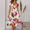 Casual Dresses Summer For Women 2023 Floral Print Long V Neck Kort ärm Kvinnlig klänning Elegant och Pretty Women's Party