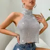 Canotte da donna Sexy maglia metallica top collo alto catena reggiseno collana estate lucido strass crop backless night club party wear