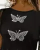 Women's T Shirts Elegant Style Tee Casual Fashionable O-Neck Long Sleeve Rhinestone Butterfly Decoration Pattern Glitter Mesh Patch Top