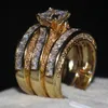 Vecalon Fashion 3-in-1 Women ring Princess cut 7mm Simulated diamond Cz Yellow Gold 925 Sterling Silver wedding Band ring Set245z