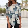 女性用女性用Tシャツレトロ幾何学的色コントラスト印刷上の不規則な裾のボタンアップ丸い首のTシャツスダデラスデムジェレス