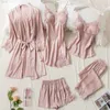 Rose 5pcs robe de soie costume de sommeil femmes dentelle satin pyjama robe ensemble col en v cami nuisettes porter pijama maison vêtements de nuit printemps pyjamas Q0720