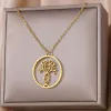 The Tree of Life Necklace for Women 14k Yellow Gold Round Pendant Golden Color Necklaces Female 2024 Vintage Jewelry Accessories