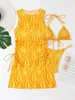 Women's Swimwear Stripe Print Sleeveless Cover Ups Three-piece Beach Suit Round Neck Slit Strapping Dress Beachwear 2023