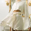 Jupes Sexy Blanc Satin Deux Pièces Ensemble Femmes Lanterne Manches Longues Crop Tops Cardigan Taille Haute À Lacets Mini Tennis Sports