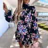 Robes décontractées imprimé floral lâche mini robe femme manches longues col haut mode femme porter 2023 printemps et automne