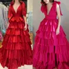 Robe de soirée formelle en taffetas à volants 2k24, col en V, concours de beauté, soirée de bal, événement spécial, Hoco Gala, cocktail, tapis rouge, robe de piste, séance photo, fente, rouge fuchsia