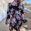 Robes décontractées imprimé floral lâche mini robe femme manches longues col haut mode femme porter 2023 printemps et automne