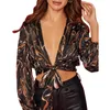 Women's Blouses Lace Up Bow Shirt V Neck Flared Sleeves Printed Women Blouse 2023 Autumn Crop Short Chiffon Blusas Para Mujer