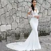 White Mermaid Long Sleeves Wedding Dresses Sheer O-neck Back Buttons Bridal Gowns Boho Garden Elegant Satin Robes de Mariee Sweep Train Modern Bride Vestidos CL3128