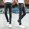 Homens verão estiramento jeans retos moda coreana magro ajuste pequeno pé apertado baggy para homens cintura elástica calças jeans 231228