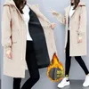 Women's Trench Coats Women Solid Velvet Thicken Windbreaker Autumn Winter Hooded Drawstring Pocket Zipper Long Outwear Elegant Lady Coat